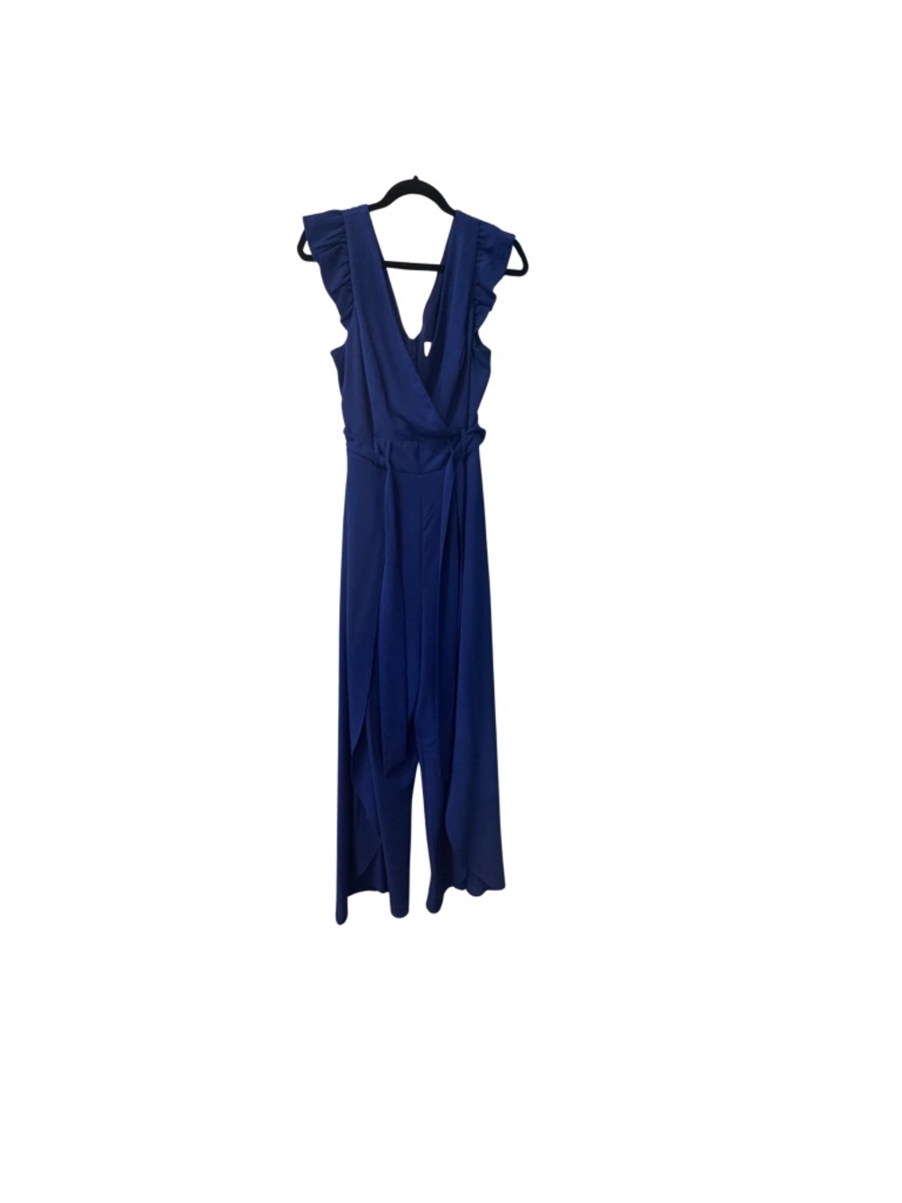 Premier Amour Size 12 Blue Wide Leg Jumpsuit Front Slits Ruffle V Neck